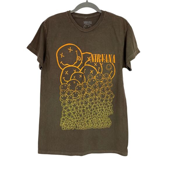 Nirvana Smiley Face Pile Grunge Band Tee Brown Acid Wash Medium - Picture 1 of 5